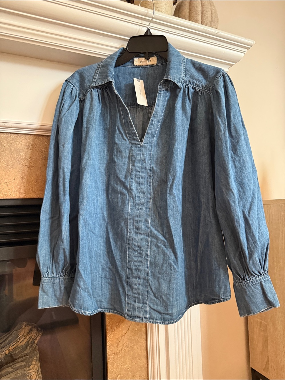 Denim Blue V-Neck Puff Sleeve Blouse